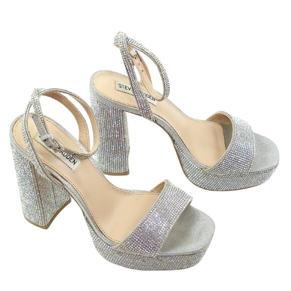 Steve Madden Silver Glass Rhinestone Platform Sandals - Picture 1 of 11